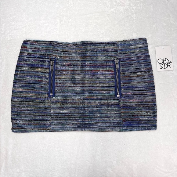 Chaser Mini Skirt Size M Colorful Metallic Woven Silk Stripes Zipper New - Picture 1 of 9